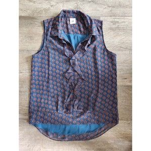 CABI Womens Top Small Blue / Red Roses Blouse Collar Sleeveless Print